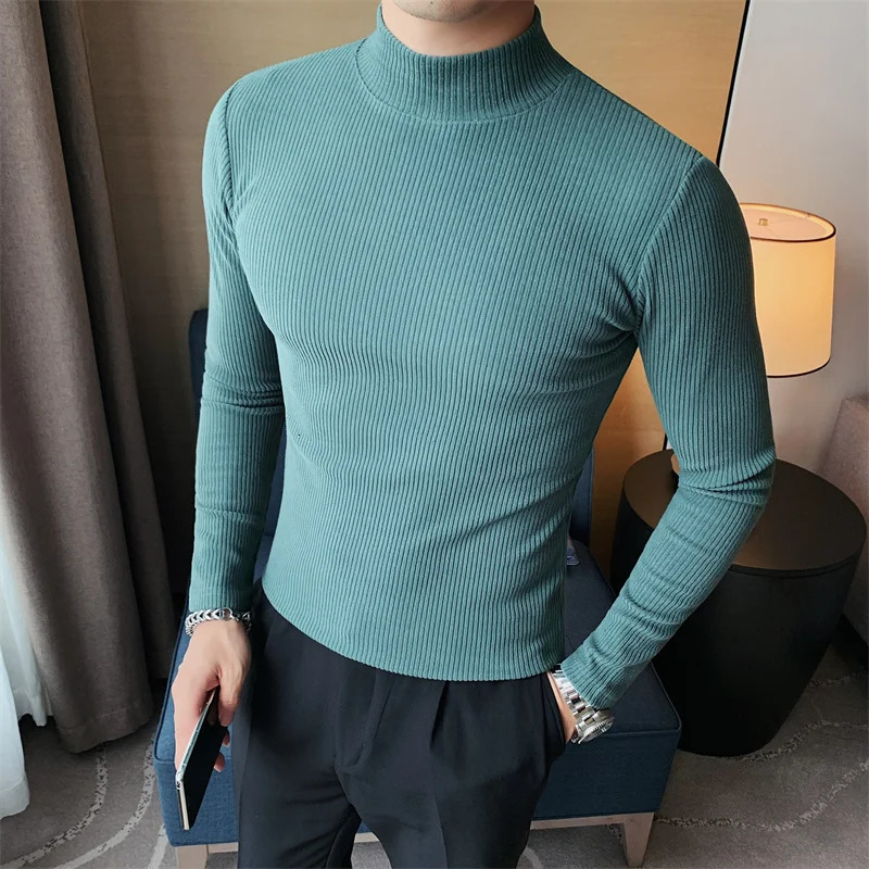 Turtleneck Men Autumn Winter Long Sleeve T Shirt For Clothing Simple Slim Fit Casual Mens Tshirts Striped High Quality 251016