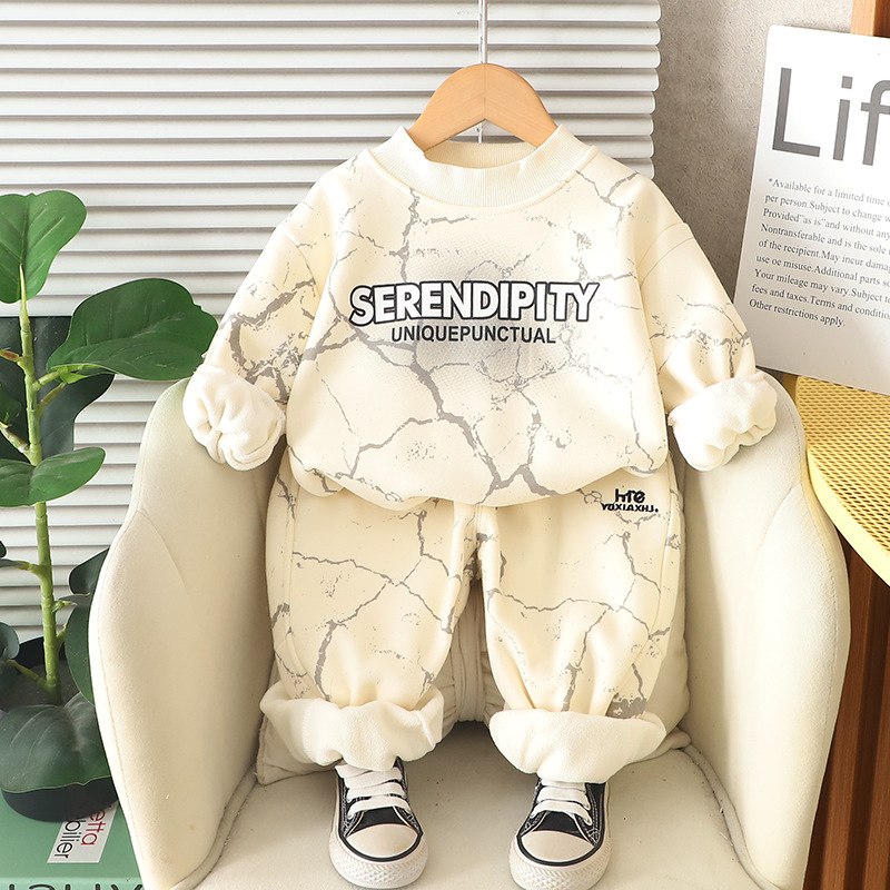 Free Shipping 2025 New Boys Fleece-Lined Sweatshirt Set, Letter Print Hoodie & Joggers 2-Piece, Warm Winter Outfit for Toddler Boys