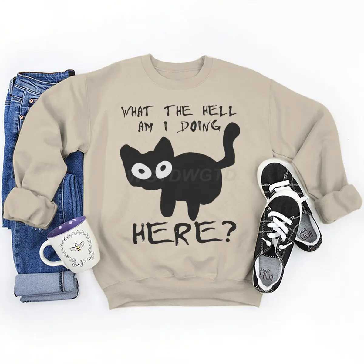 Mens Funny Cat Fashion Casual Hoodies Sweatshirts What The Hell Am I Doing Here Graphic Sweatshirt Street Men Women Clothing W251021