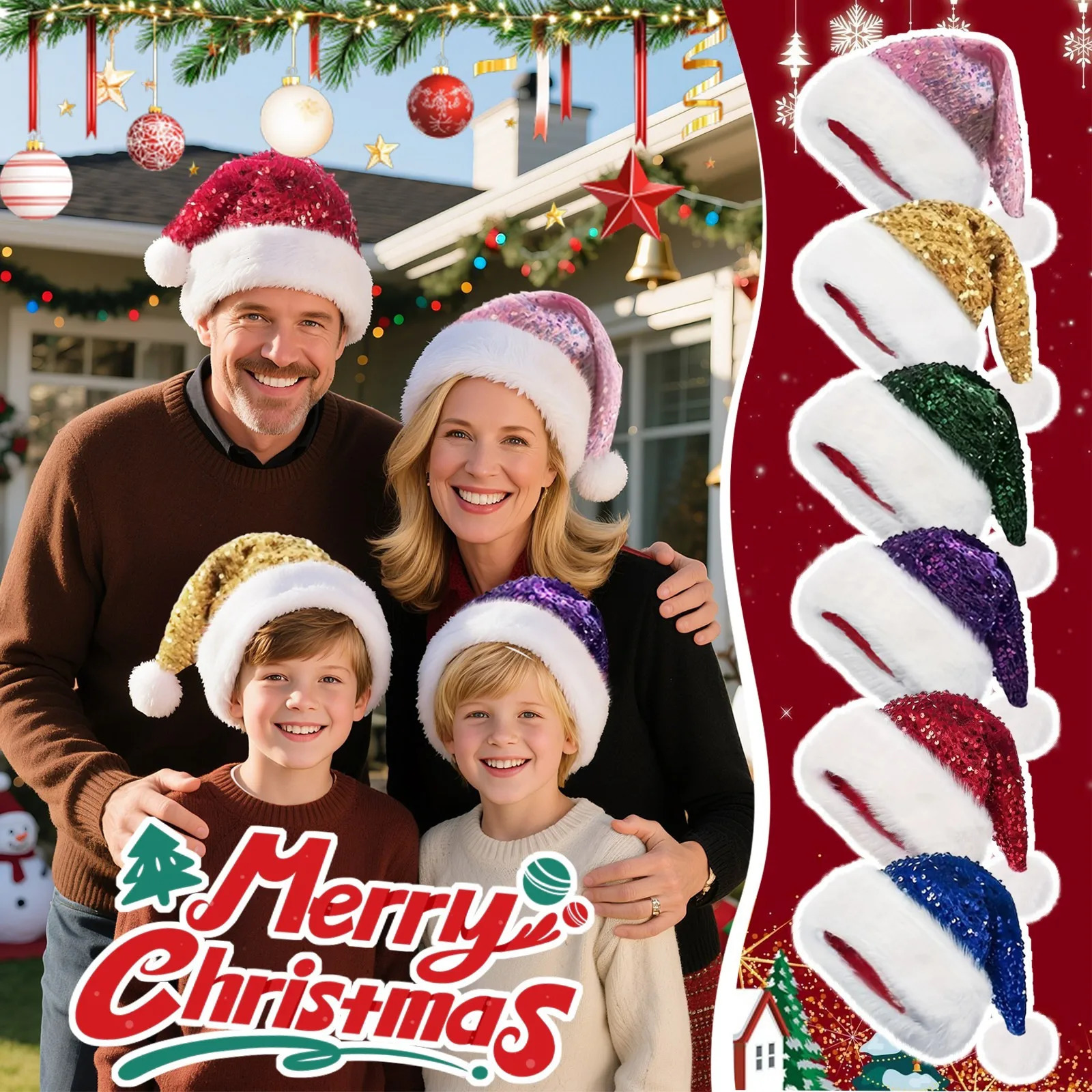 1PC Doublelayer Sequined Christmas Hats Christmas Decorations Sequin Plush Hat Plush Thickened Christmas Cap with Fluffy Pompom 251021