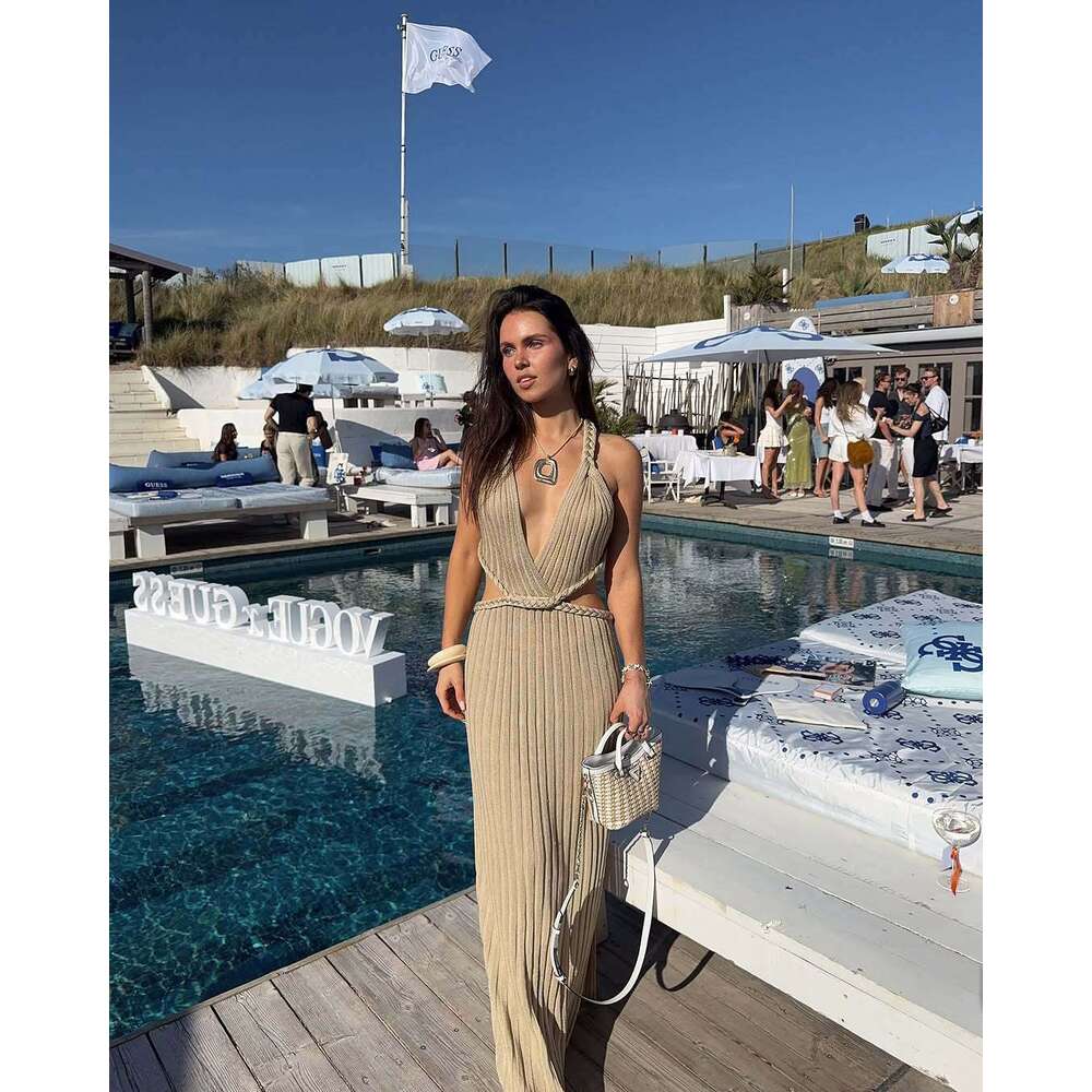 2025 Beach Slim Sexy Backless Knitted Camisole Outerwear Long Dress Summer Women's Clothing
