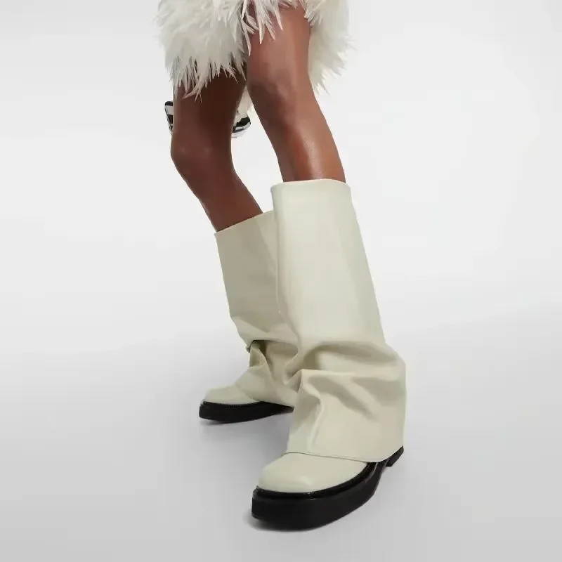 Fashion Autumn And Winter Round Head Long Boots Leather shoes Metal Knight Boots Fold Flat Boots Punk Style 251021