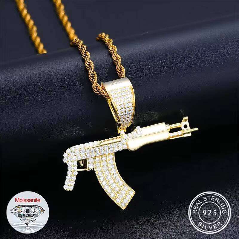 Full Silicon Stone Gold Plated Sterling Sier Subhine Gun Pistol Hip Hop Pendant Men's Handmade Jewelry