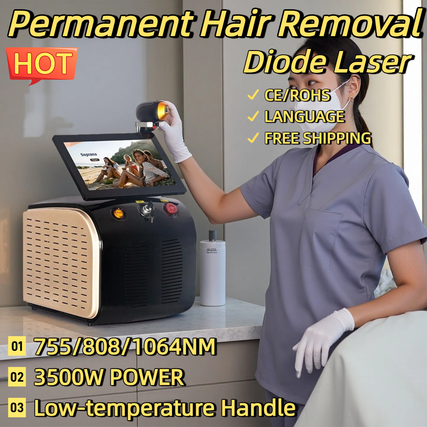 Best Depilator New Ice Platinum Cooling System Skin Care 808nm Diode Laser Hair Removal Machine 3-Wavelength 755/808/1064nm CE/ROHS Salon