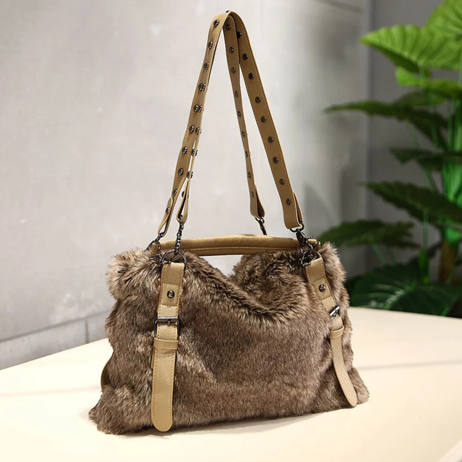 Women Soft Plush Hand Bag Winter Camel Rivets Large Capacity Tote Bags Female Underarm Bags Faux Fur Shoulder Crossbody Bag 251021