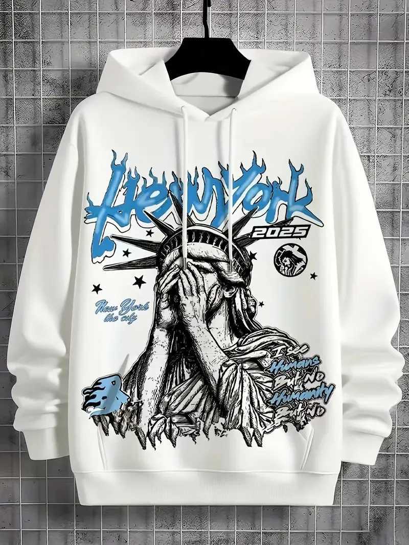 Fashionable new mens autumn Statue of Liberty print soft and comfortable hooded sweatshirt outdoor street style top W251021