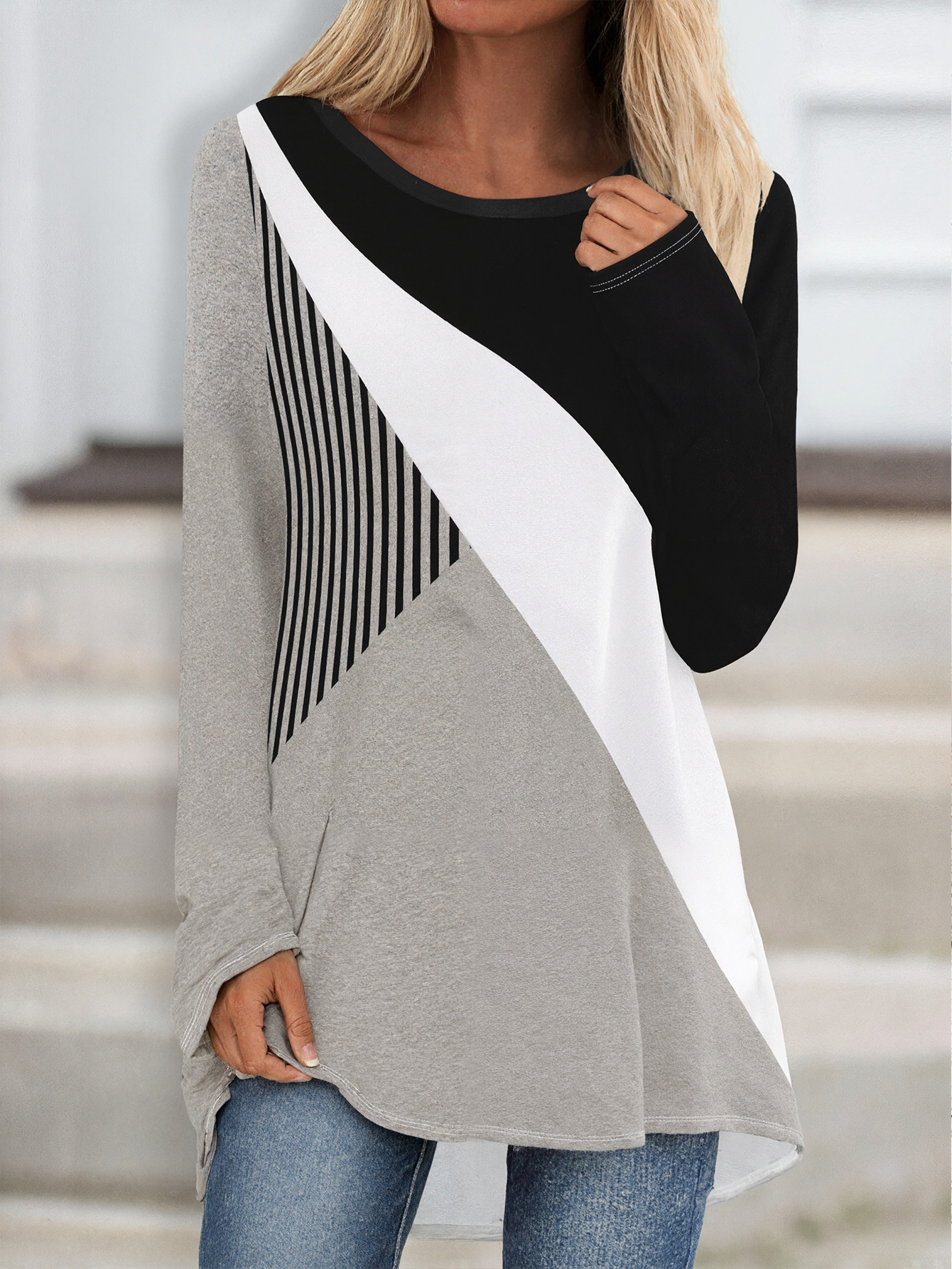 Women's Autumn New Geometric Printed Long Sleeve Top, Milk Silk Fashion Casual Commute Versatile Women's T-Shirt (S-XXL, Mixed Color)-CF5386