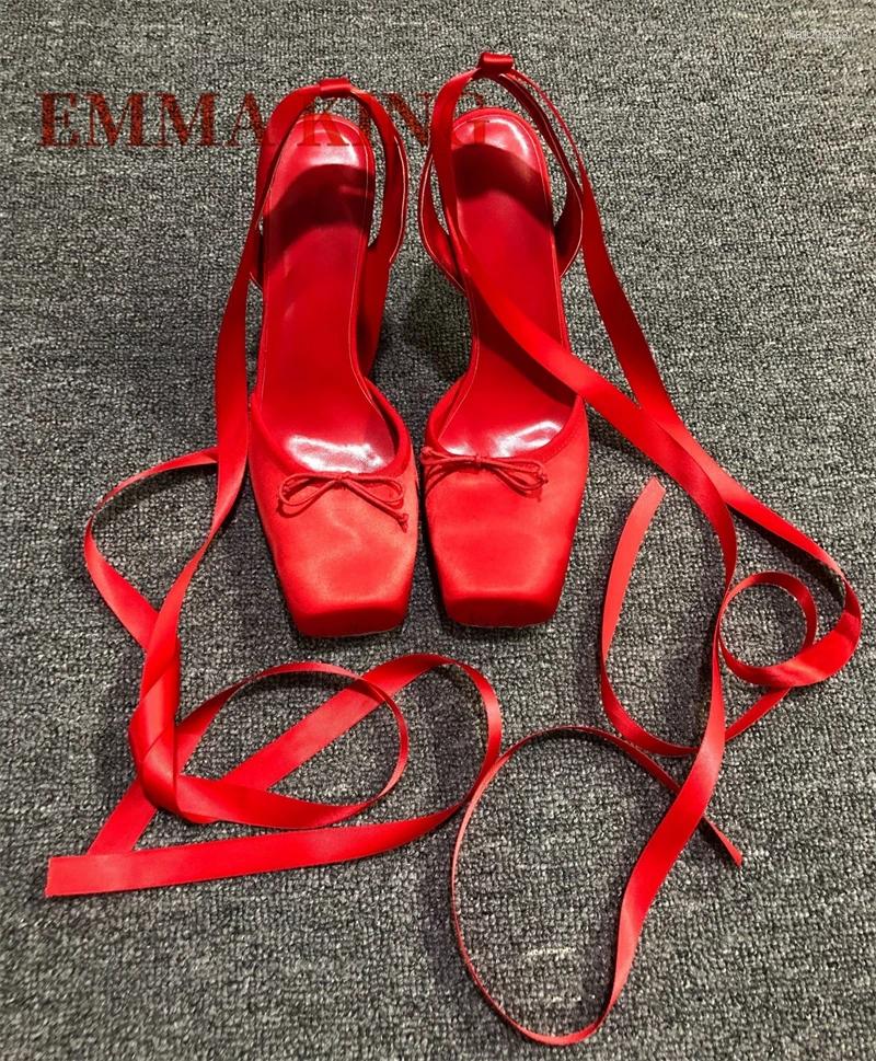 Dress Shoes Square Toe High Heels Ballet Ankle Buckle Strap Satin Sandals Elegant Luxury Design Women Pumps Comfort Party