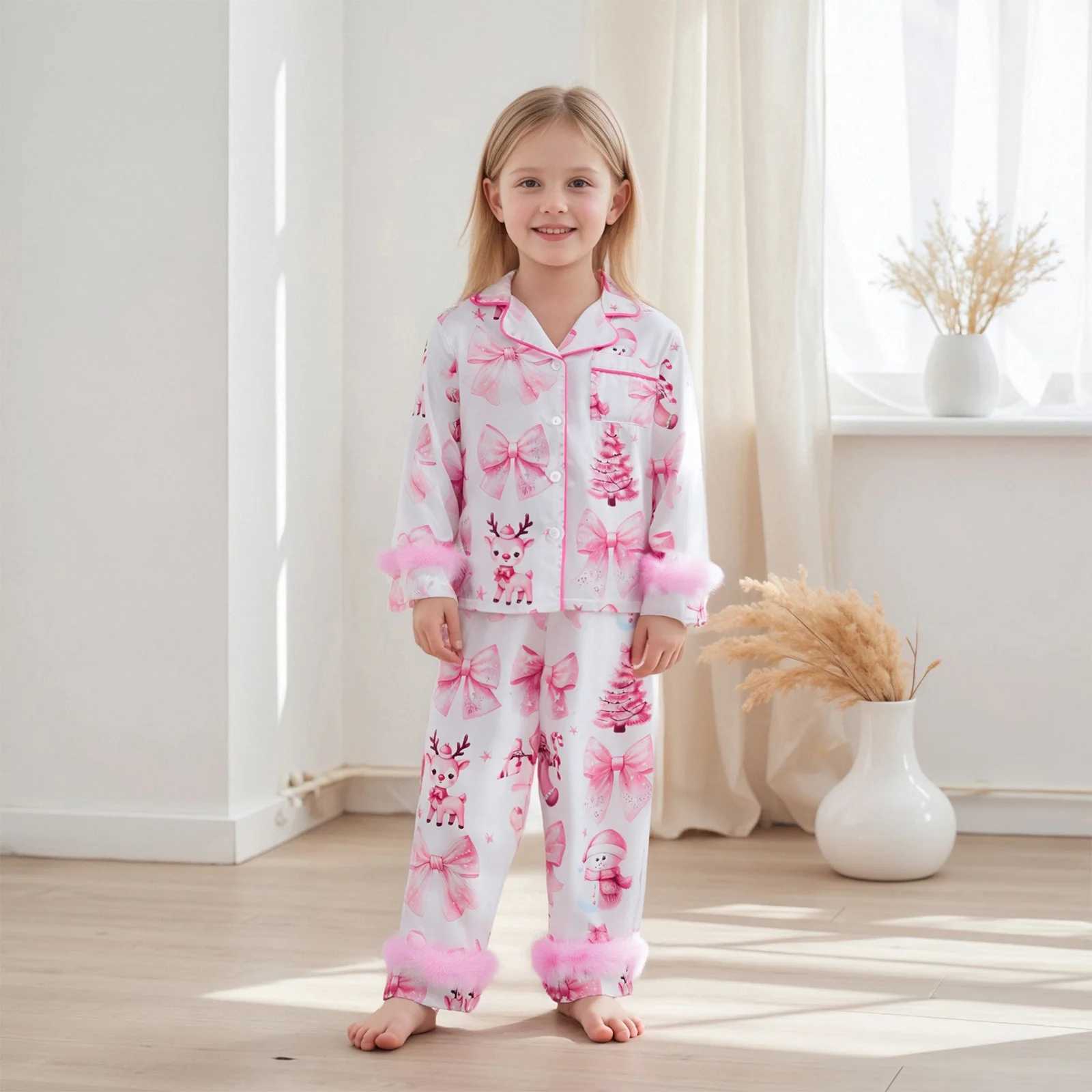 Mommy and Me Christmas Family Matching Pajamas Bow Deer Print Button Down Lapel Shirts Tops Pants Family Sleepwear L251021QVOV