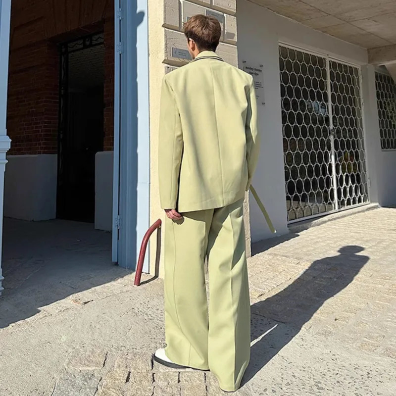 IEFB Niche Mens Twopiece Solid Color Double Layers Collar Laceup Blazer Casual Straight Leg Male Suit Pants Chic 9W679 251021