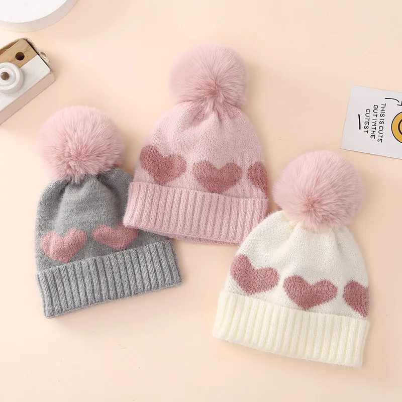 Fur Pompom Baby Hat Heart Printed Knitting Autumn Winter Newborn Infant Beanie Cap Toddler Warm Crochet Girls Boys Hats J251021
