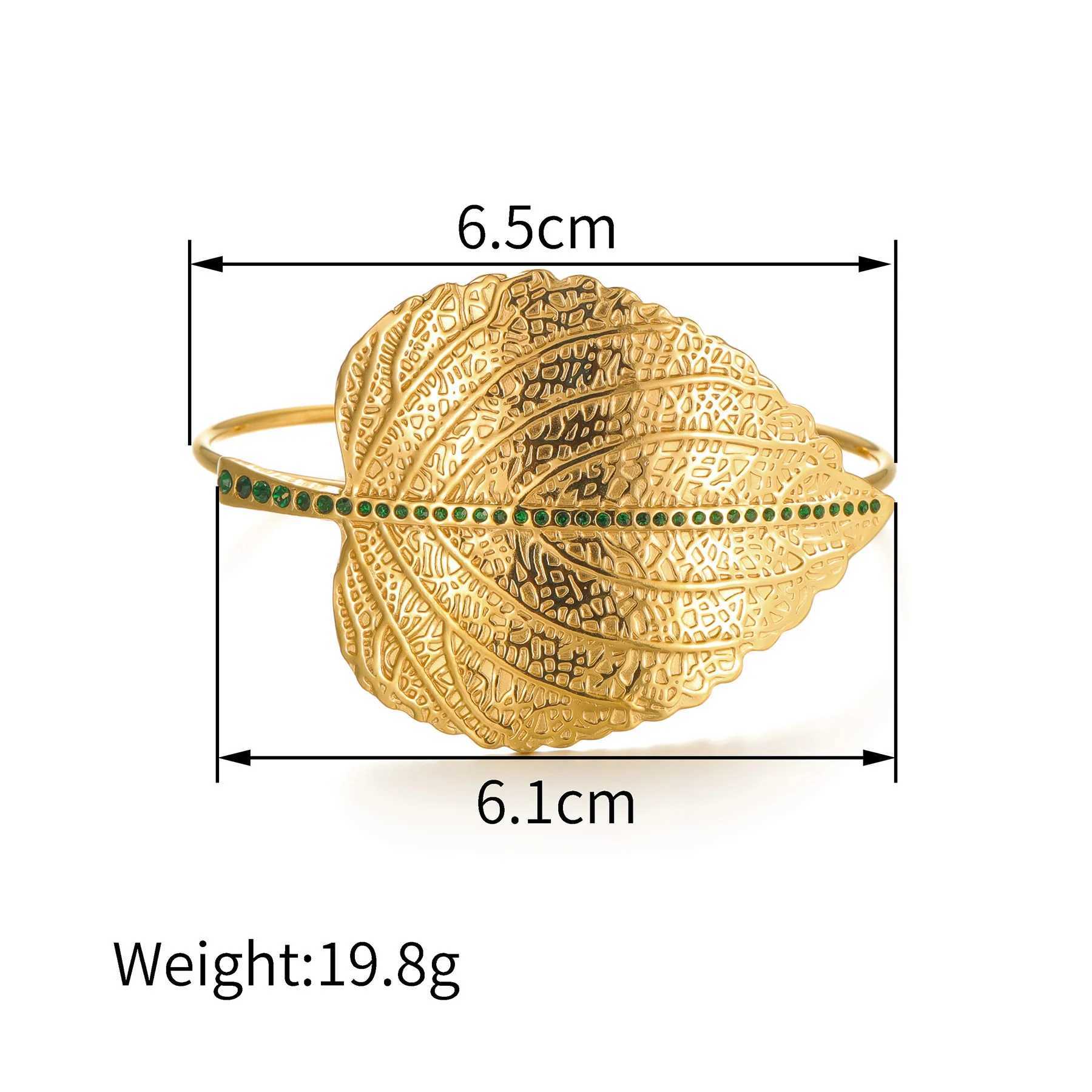 Freetime Luxury Green Stone Leaf Shaped Bangle Gold Color Stainless Steel Open Bracelet Jewelry Accessories for Women J251021