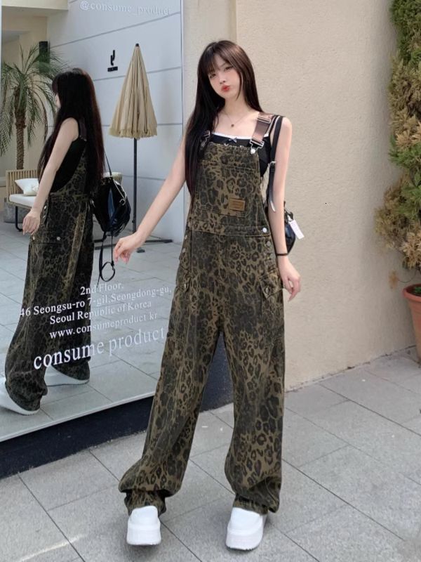 2025 American high street leopard print new autumn and winter printed denim workwear for women, luxury designer straight leg wide leg pleated jumpsuit