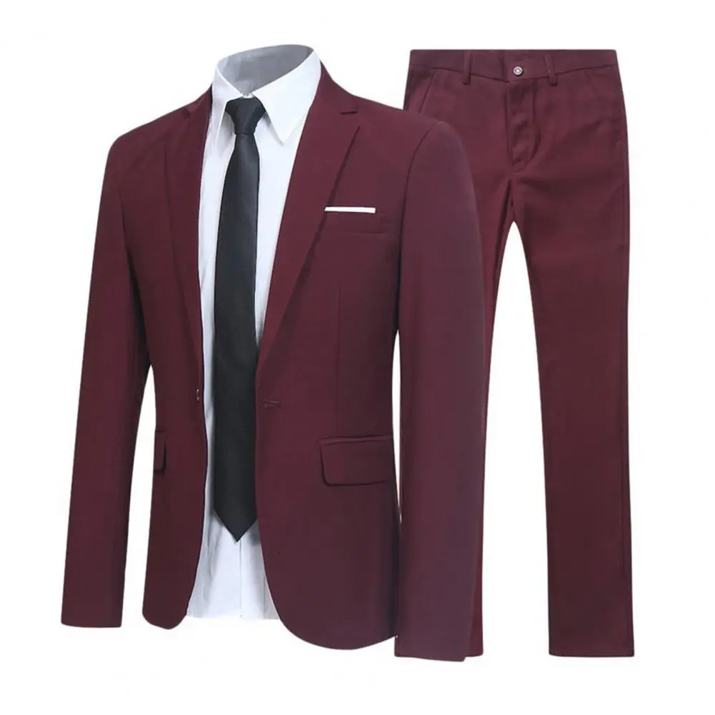 1 Set Men Jacket Pants Solid Color Turndown Collar Slim Fit Business Suit Set Groom Trousers for Wedding Office 251021