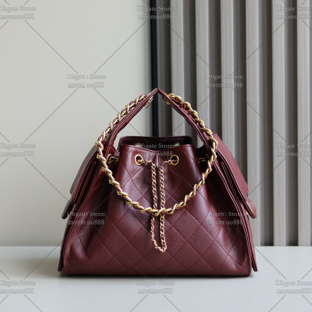12A All-New Mirror Quality Designer 25 Hobo Bag Caviar Quilted Handbags for Women Burgundy Shoulder Chain Bags Genuine Leather Purse