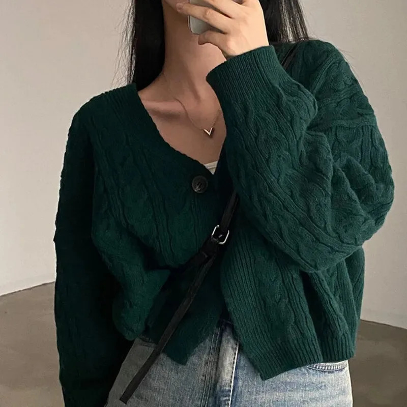 Retro Vneck Twist n Longsleeved Short Knitted Cardigan Elegant Solid Sweater Jacket AutumnWinter Womens Clothing 251017