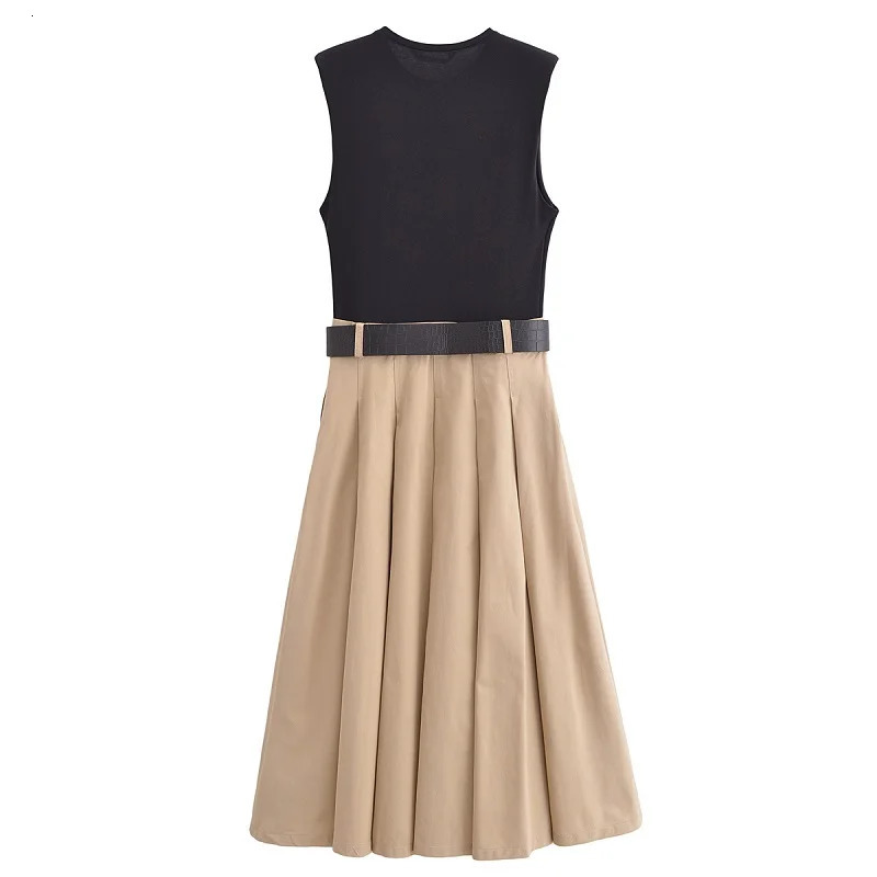 MUJER 2025 Woman Dresses Belt Pleated Midi Dress Women Sleeveless Summer Dress Woman Knitted Party Dresses for Women Sundress 251013