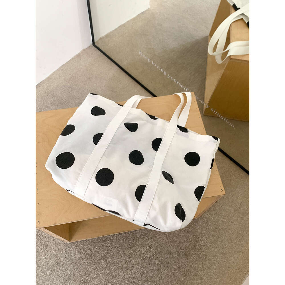 Korean Style Large Capacity Tote New Trend Simple Shoulder Women Fashion Design Polka Dot Canvas Bag B5