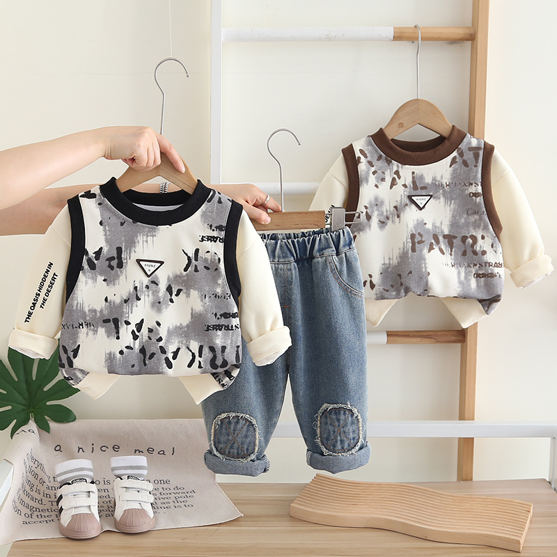 Free Shipping Warm Kids Clothing 2025 Trendy Kids Outfit with Layered Look, Fake Two-Piece Set for Boys & Girls, Stylish Spring Autumn Fashion