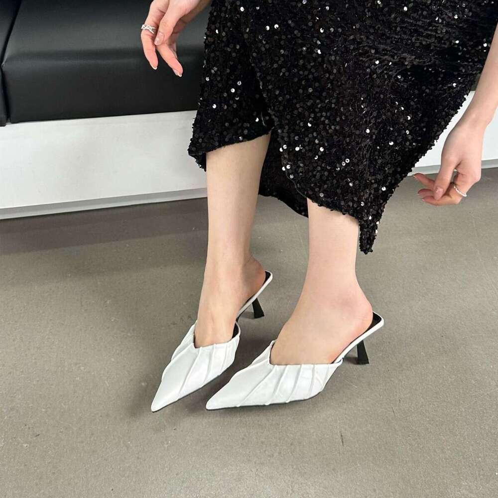 Pointed Sandals for Designer Shoe Women, Closed Toe Wrinkled Lazy Mules, 2025 New High Heel Half Slippers