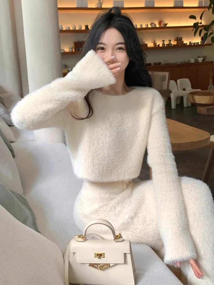 High End Soft Small Fragrant Style Mink Fur Knitted Sweater TwoPiece Set Women Temperament Long Skirt 2 Piece Outfits 251013