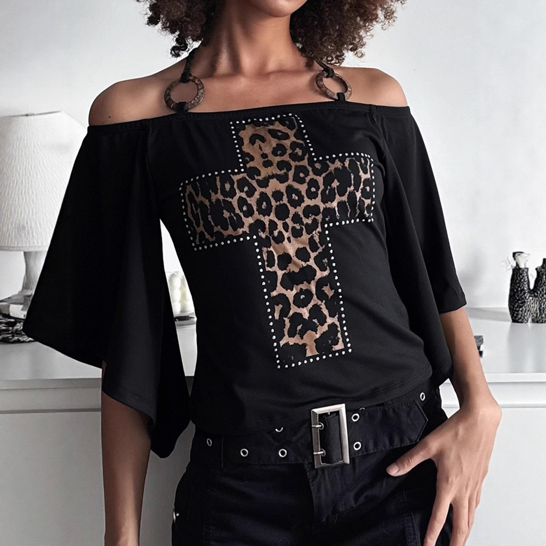 2025 dark leopard print splicing cross slim fit off shoulder women's T-shirt, American designer retro bell sleeves, autumn and winter new fashion