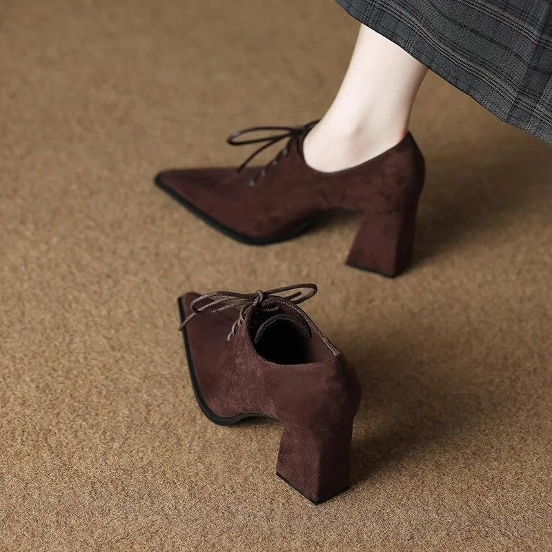 Krazing Pot Sheep Suede Comfort Spring Shoes Chunky Heels Oxford Shoes Pointed Toe Lace Up Women Deep Mouth British School Pumps 251017