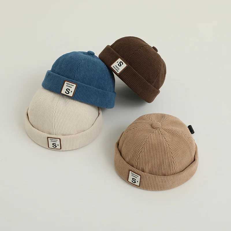 Solid Corduroy Children Landlord Hat Korean Kids Flipped Edge Beanie Bonnet Children Brimless Cap Boy Girl Toddler Docker Caps J251021