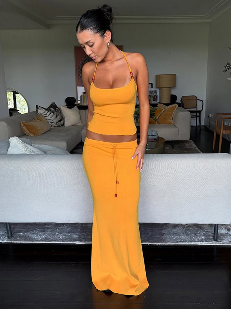 Sisterlinda Simple Summer Matching In Sets Classic Solid Bandage Halter Backless TanksMaxi Skirts Female Basic High Street Suit 251016