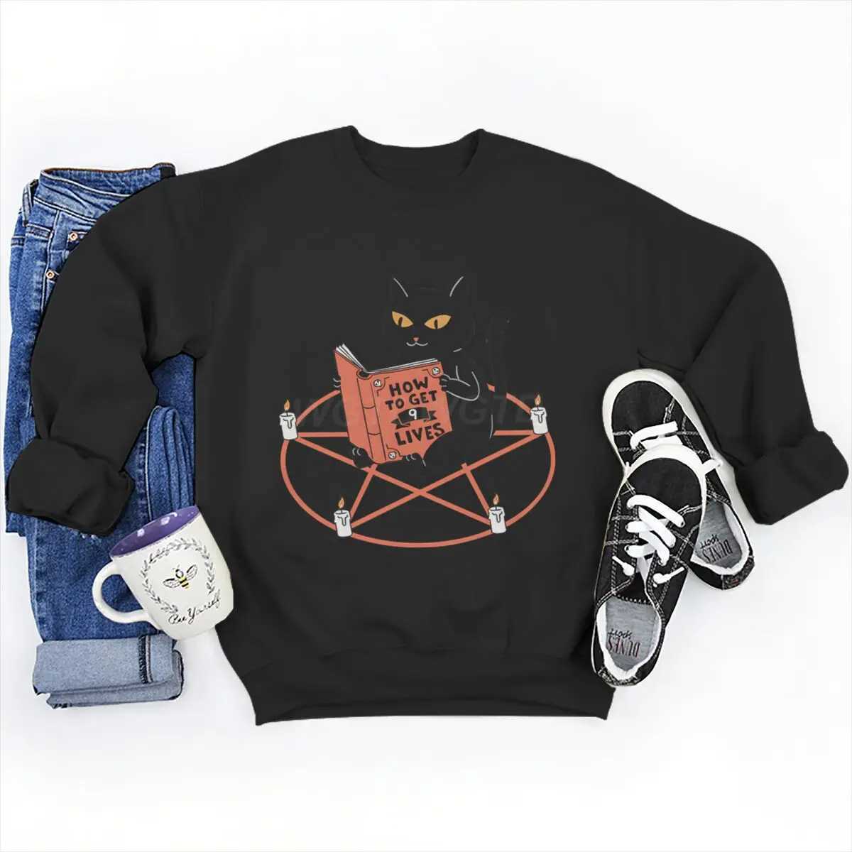 Unisex Harajuku Sweatshirts Hoodies Cat and Black Magic Graphic Sweatshirt Tops Men Women Funny Animal Casual Mens Clothing W251021