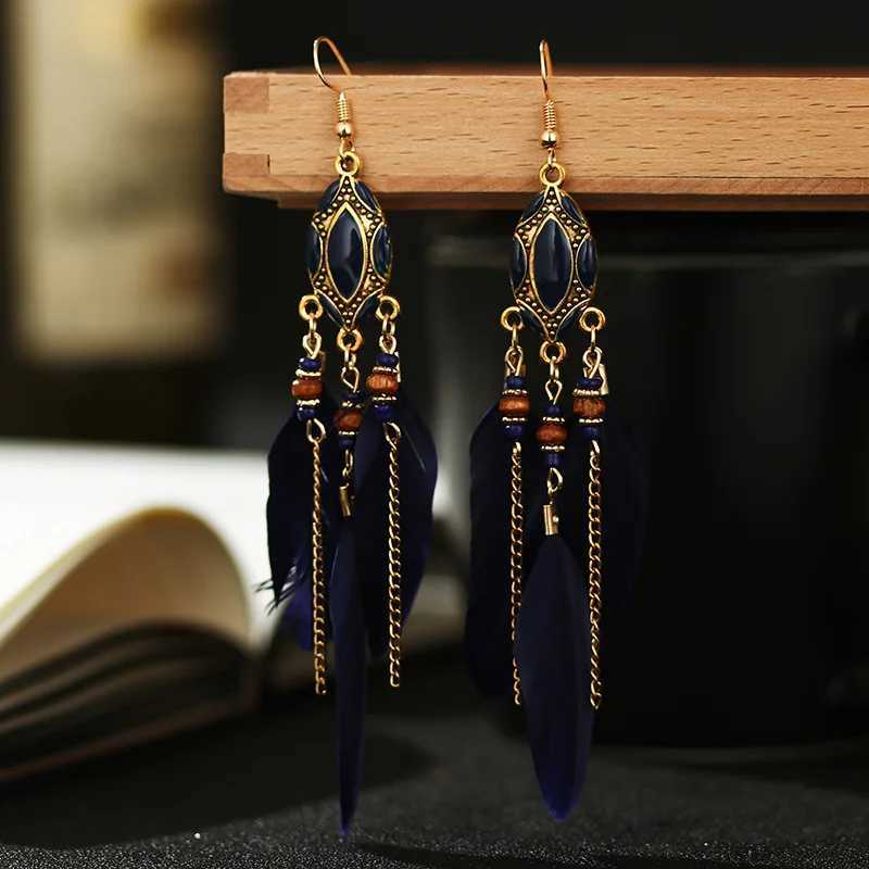 New Ethnic Long Feather Dangle Earrings For Women Bohemian Tassel Beads Handmade Enamel Earrings Girl Bride Wedding Jewelry J251021