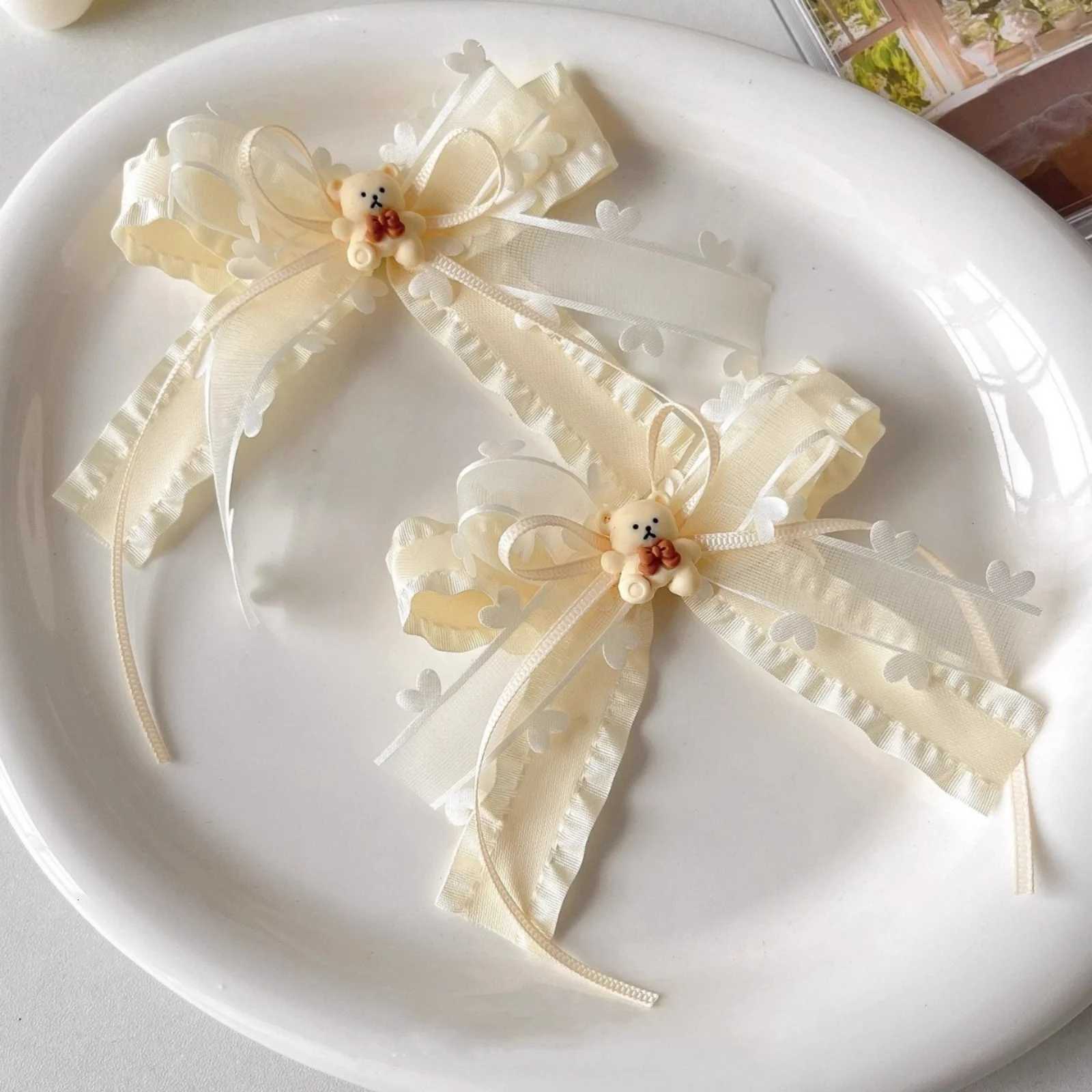 2PCS Cute Cream MultiLayer Ribbon Hair Clips Bangs and Seaside Clips Hair Rope Double Ponytail HeadwearW254021