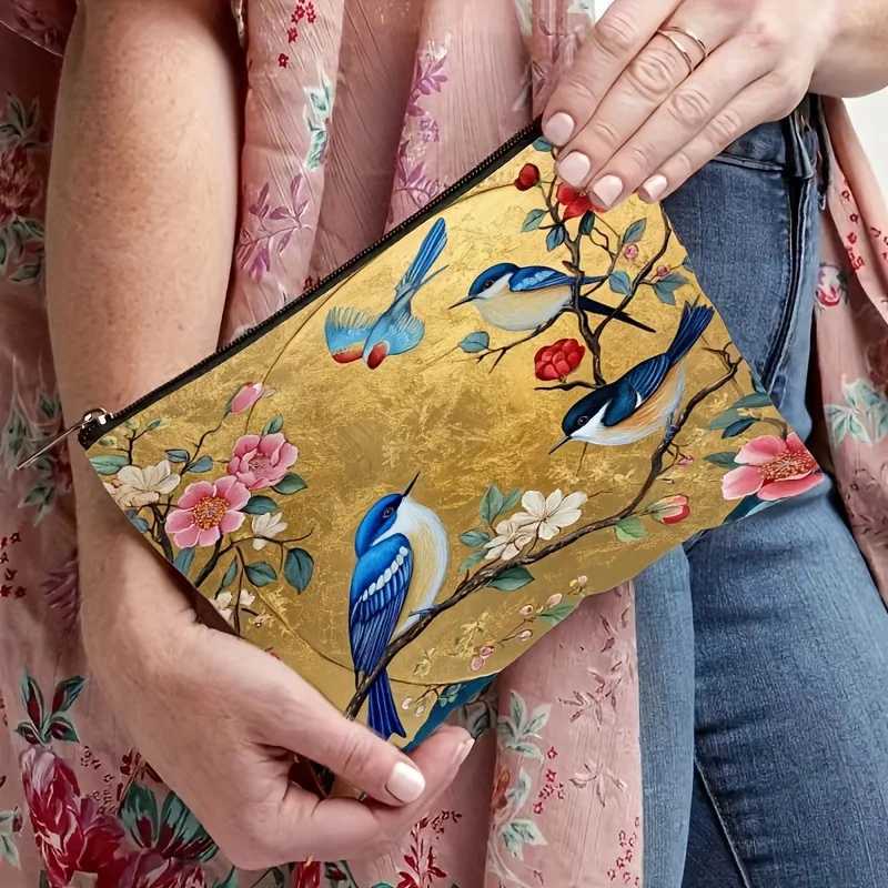 Lightweight Foldable Floral Bird Pattern Fabric Makeup Bag Zippered Cosmetic Pouch with Golden Background DesignW251021