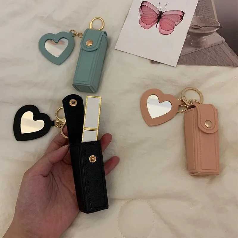 New Portable Lipstick Bag Packet Heart Mirror Keychain Mini Leather Key Chain Ring Small Versatile Keyring Gifts for Girlfriend W251021