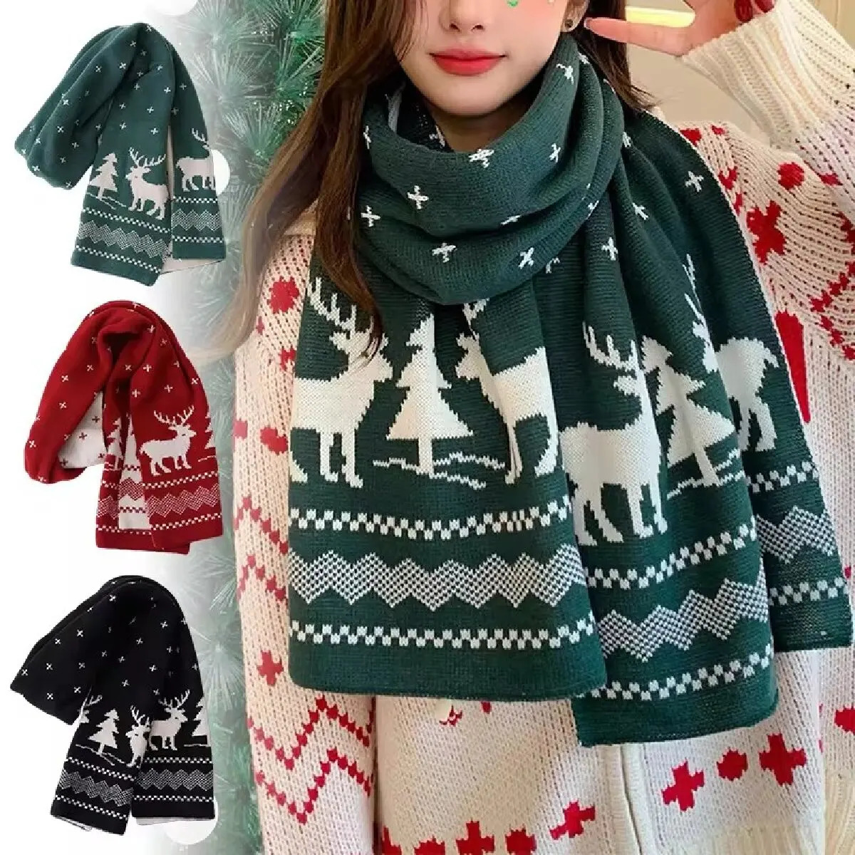 Winter Warm Scarf for Women Men Deer Elk DoubleSided Knitted Scarves Fashion Versatile Woolen Shawl Girls Christmas Present 251016