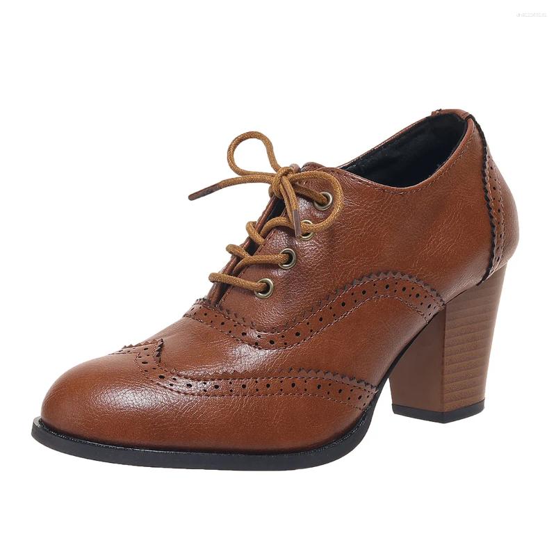 Dress Shoes British Women Ankle Boots Oxfords High Block Heels Pumps Brown Leather Round Toe Office Ladies Lace-up Vintage