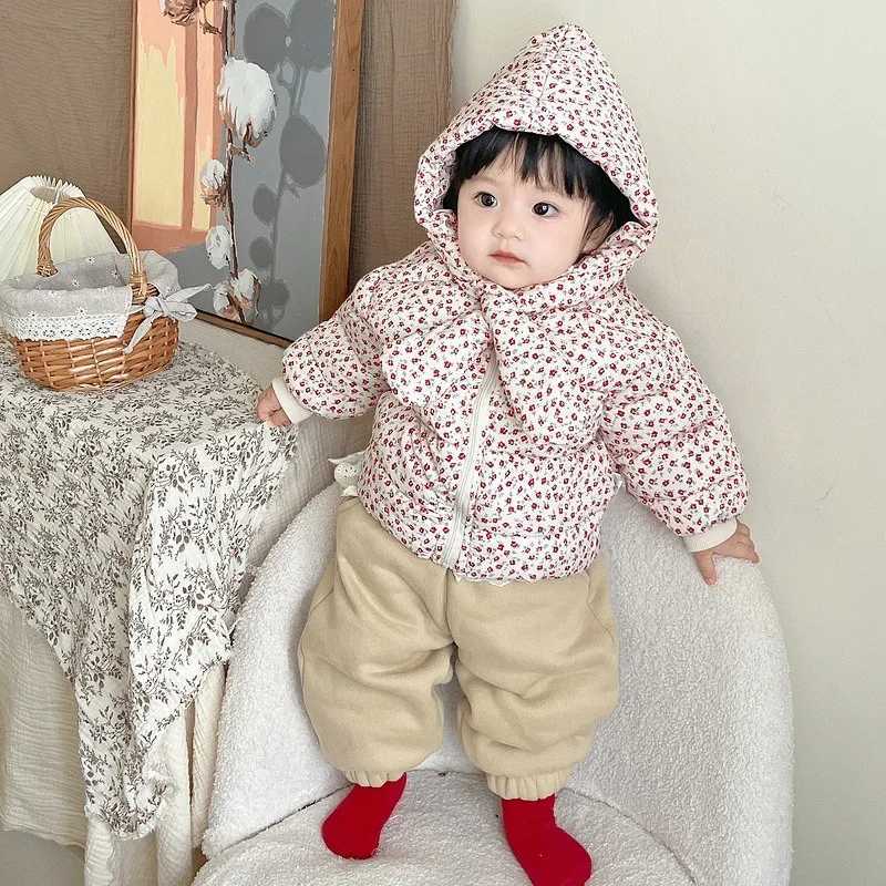 Baby Girls Korean Version Thick Floral Cotton Coat Winter Little Girls Stylish Hooded Scarf Warm Jacket Winter Cotton CoatT251021