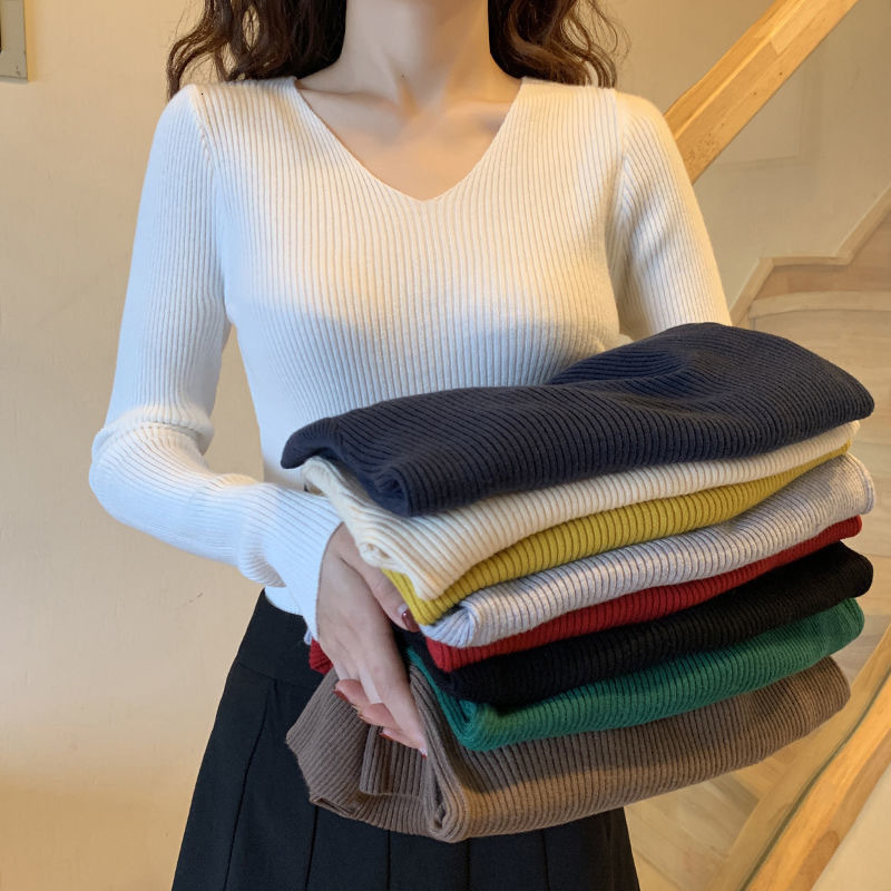 Women's Sweaters On Sale Winter Spring Women Casual Long Sleeve Knit V Neck Pullover Sweater Femme Basic Pull JerseyTops Fashion Blouses Clothes 