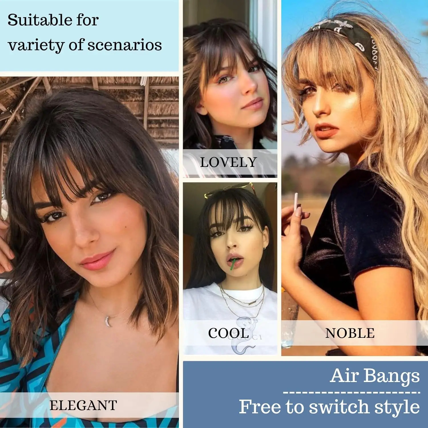 Synthetic Hair Wispy Bangs Clip in Hair Extensions Air Bangs Fringe with Temples Hairpieces for Women Curved Bangs Daily Party 251014