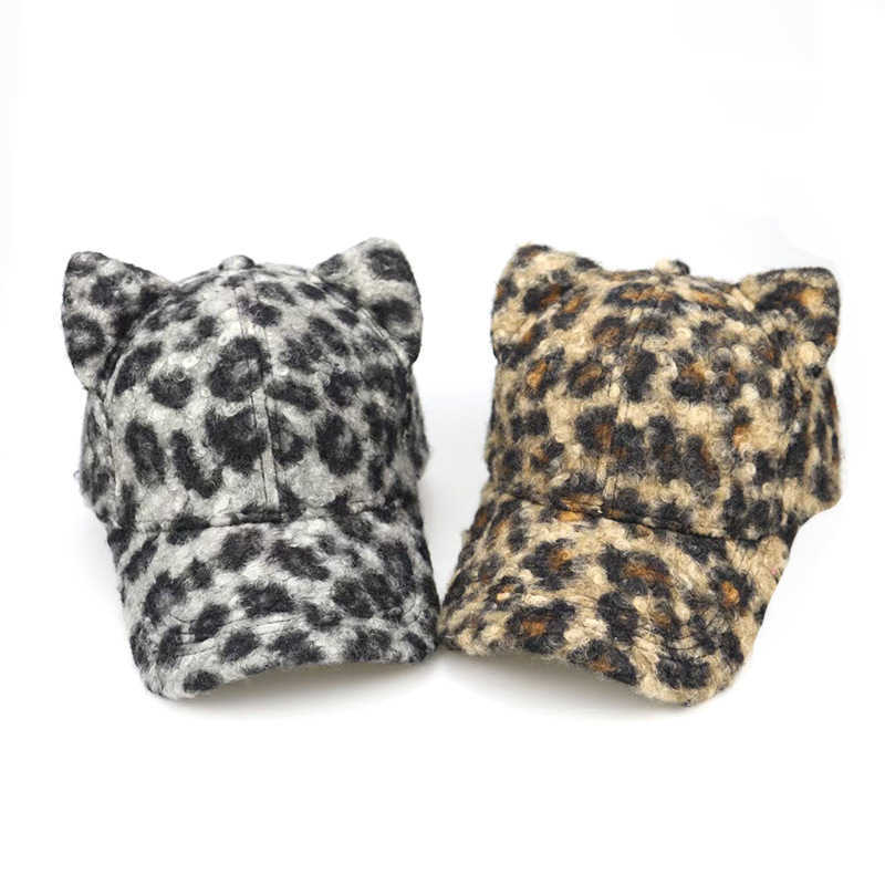 New Autumn Winter Leopard Print Terry Baseball Cap with Ears Cute Warm Versatile Street Style Fashion Duckbill Cap H251020