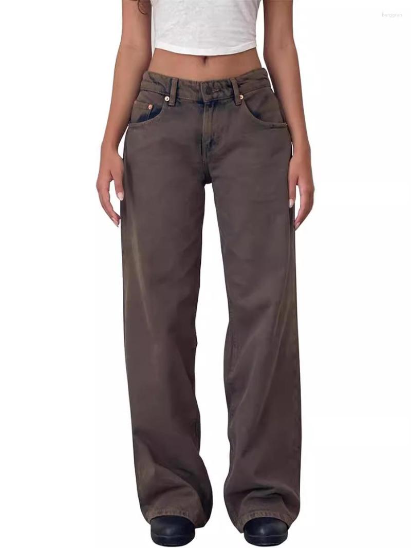 Womens Jeans American Style Retro Low Waist Non-Elastic Washed Straight Autumn Strt Wide Leg Denim Pants Z260313