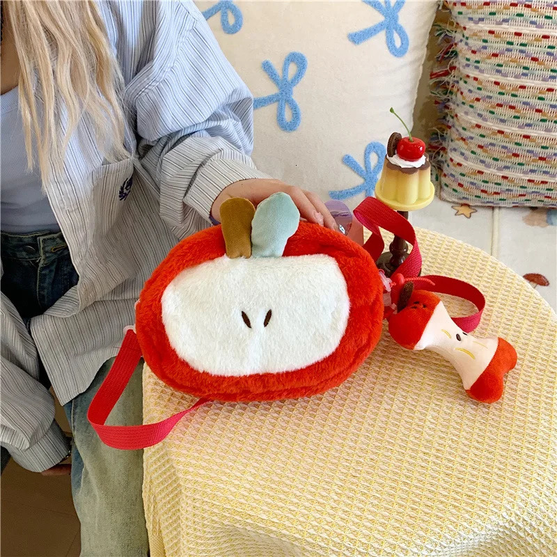 2025 women plush cute shoulder bag girl creative red Apple cartoon large capacity mobile phone bag 251021