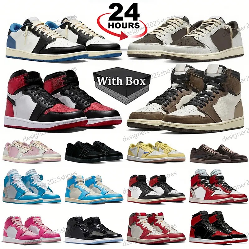With Box 1s Basketball Shoes Men Women 1 Low Designer Sneakers Dark Mocha Black White University Blue Bred Patent Lucky Green Light Smoke Grey Outdoor Sports Trainers