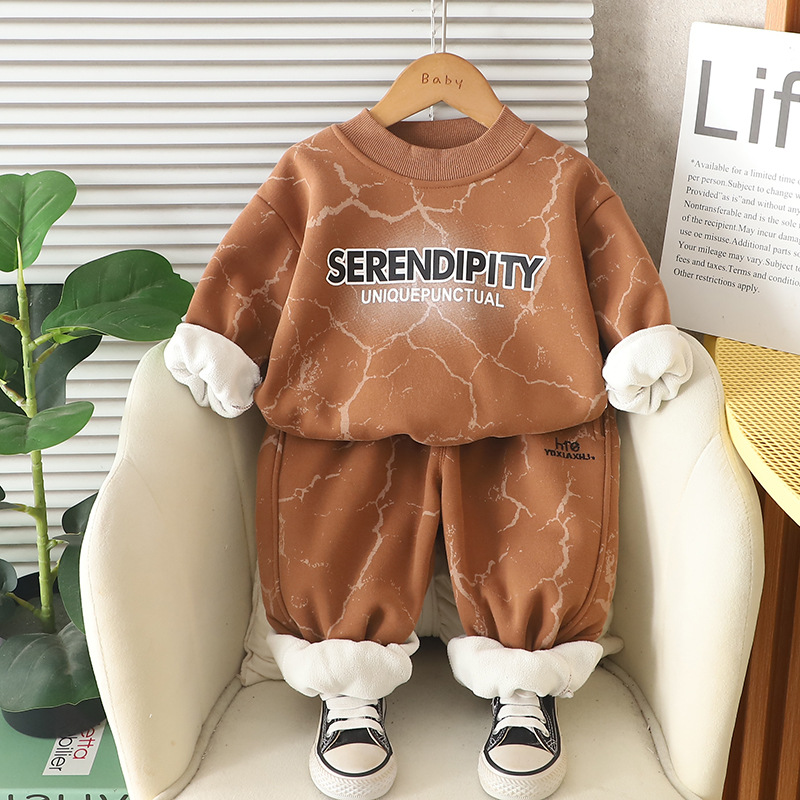 kids clothing designers boys 2025 New Boys Fleece-Lined Sweatshirt Set, Letter Print Hoodie & Joggers 2-Piece, Warm Winter Outfit for Toddler Boys