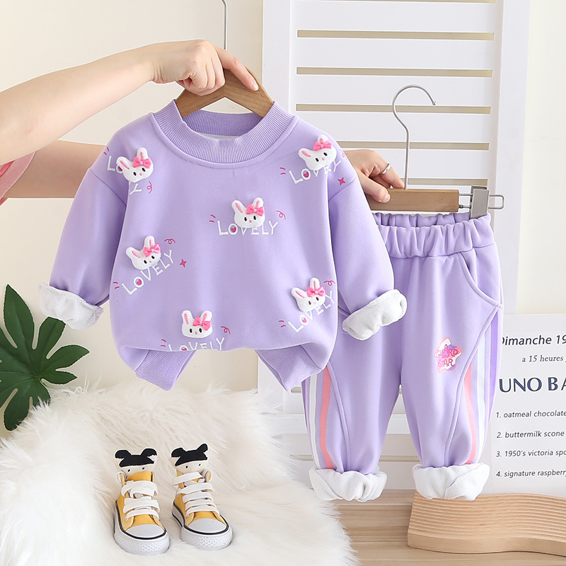 Free Shipping 2025 New Girls Fleece-Lined Sweatshirt Set 2-Piece, Korean Style Winter Outfit, Warm Hoodie & Joggers for Baby Girls