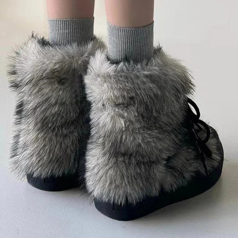 Bow Platform Women Snow Ankle Boots Fur Fashion Short Plush Flats Cotton Shoes 2025 Trend Warm Cozy Winter Botas Mujer 251021