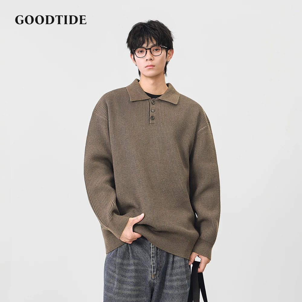 Fashion Mens Casual Polo Collar Sweater 2025 Winter Ribbed Knitted Pullover Button Placket Soft Long Sleeve Jumper Top 251020