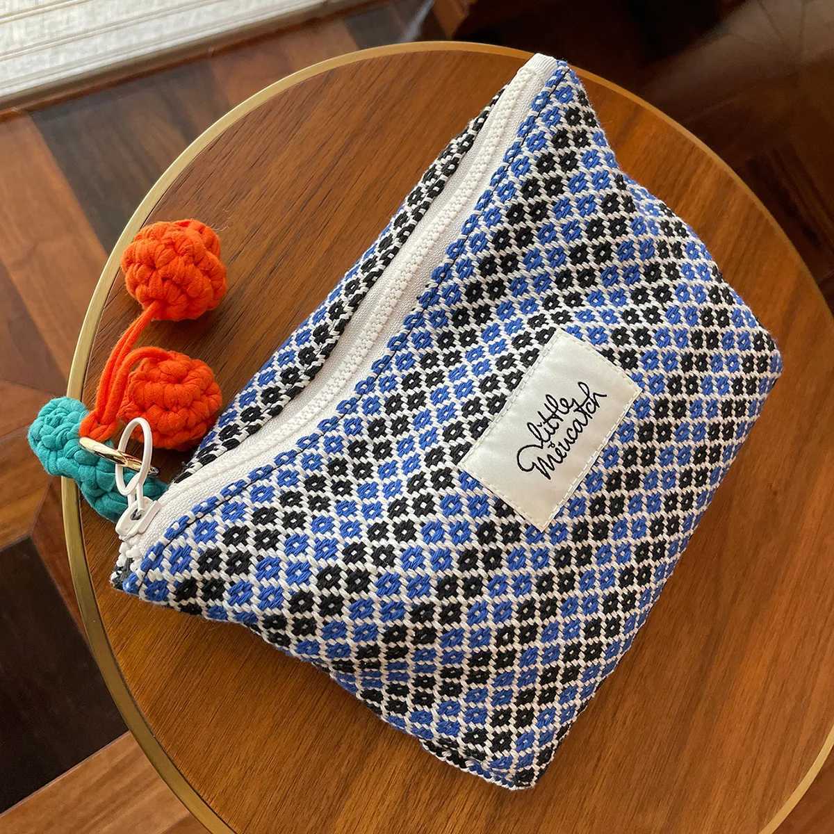 Blue Cherry Hangings Cosmetic Bag Geometric Pattern Make Up Bag Letter Patch Decor Makeup Bag Large Capacity HandbagW251021