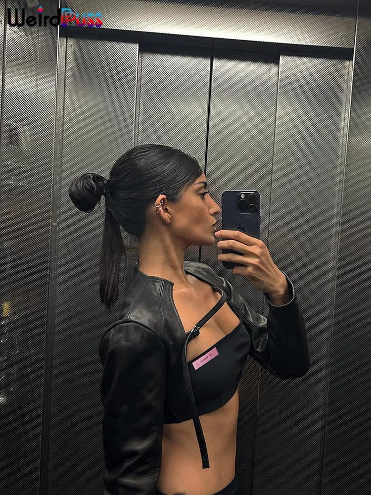 Weird Puss Extra Short Women JacketTube Tops Leather Stand Collar Chic Buckle Autumn Fashion Hipster High Street Y2K Crop 251021