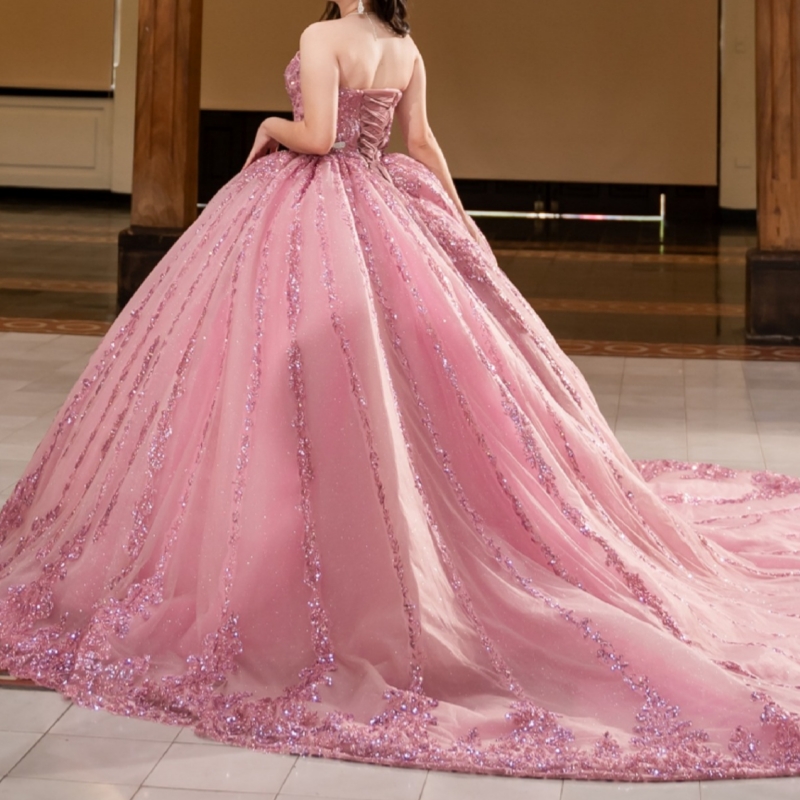 Pink Shiny Quinceanera Dresses Ball Gown Off The Shoulder Sequin Applique Lace Beading Crystal Tull Sweet 16 Dress Vestidos De 15 Anos